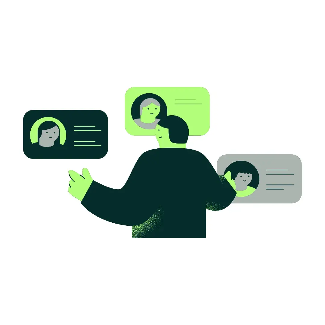 Illustration of a person between two profile cards