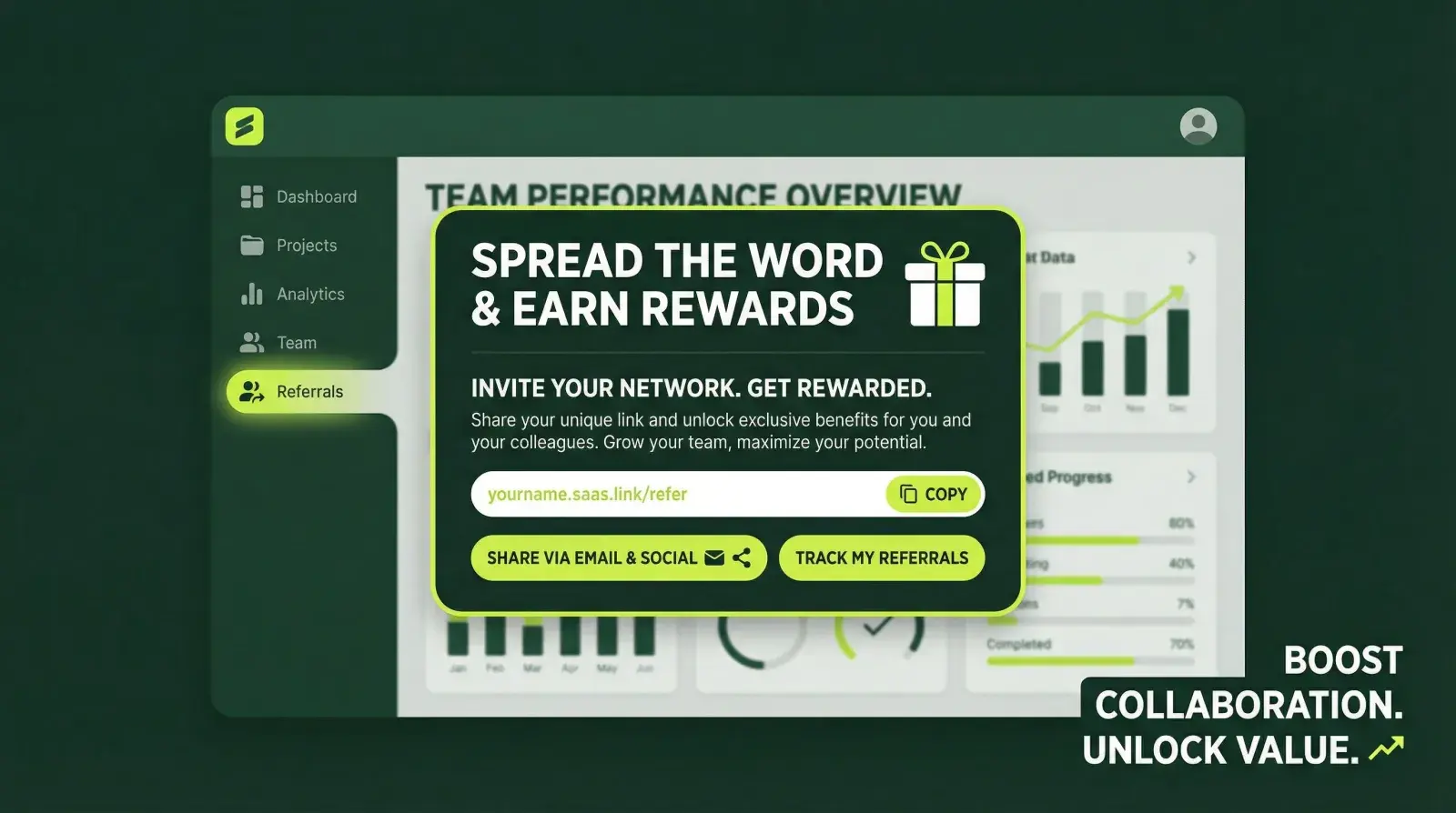 In-product referral widget showing embedded share prompts