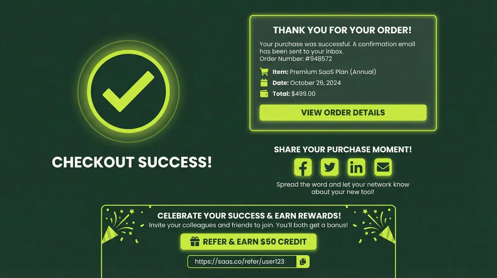 Post-purchase popup prompt capturing referrals at high-intent moment