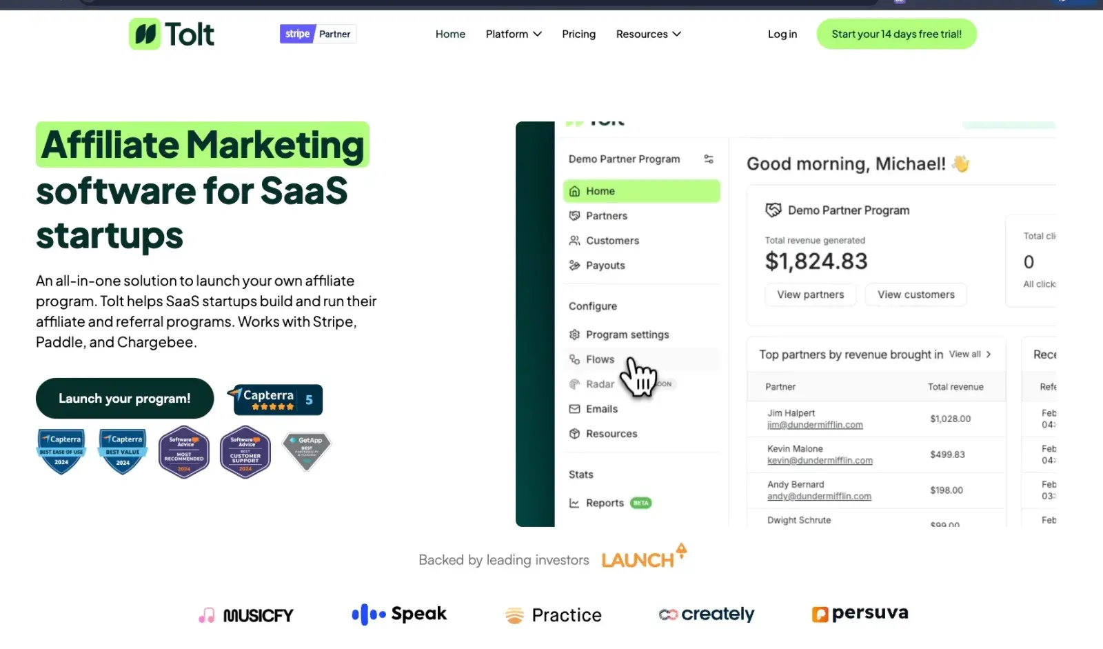 Tolt’s homepage: affiliate marketing software for SaaS startups, with the dashboard beside it