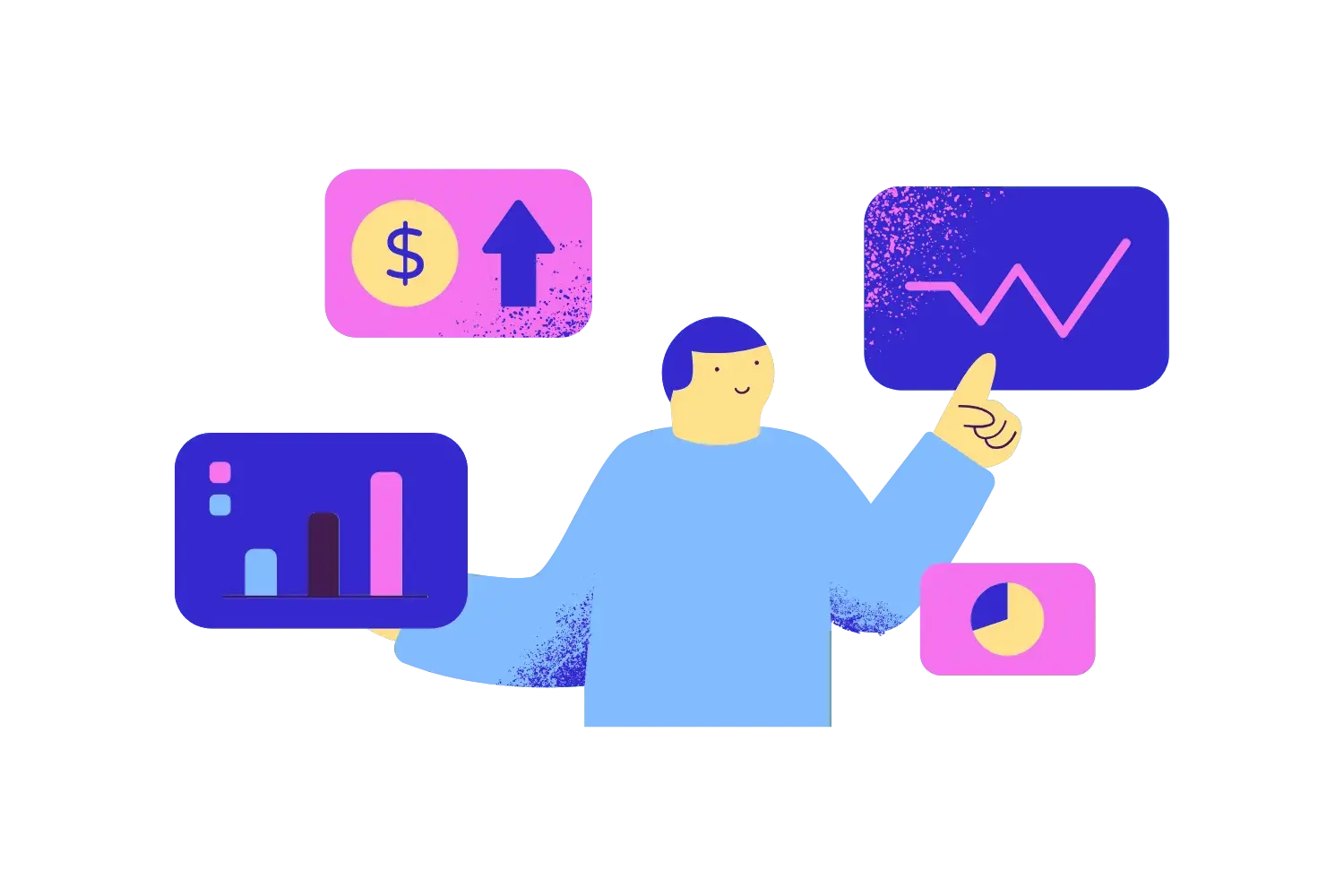 Illustration of a person pointing at revenue charts
